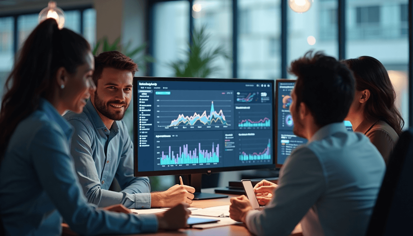 Team observing analytics dashboard with Business Impact banner