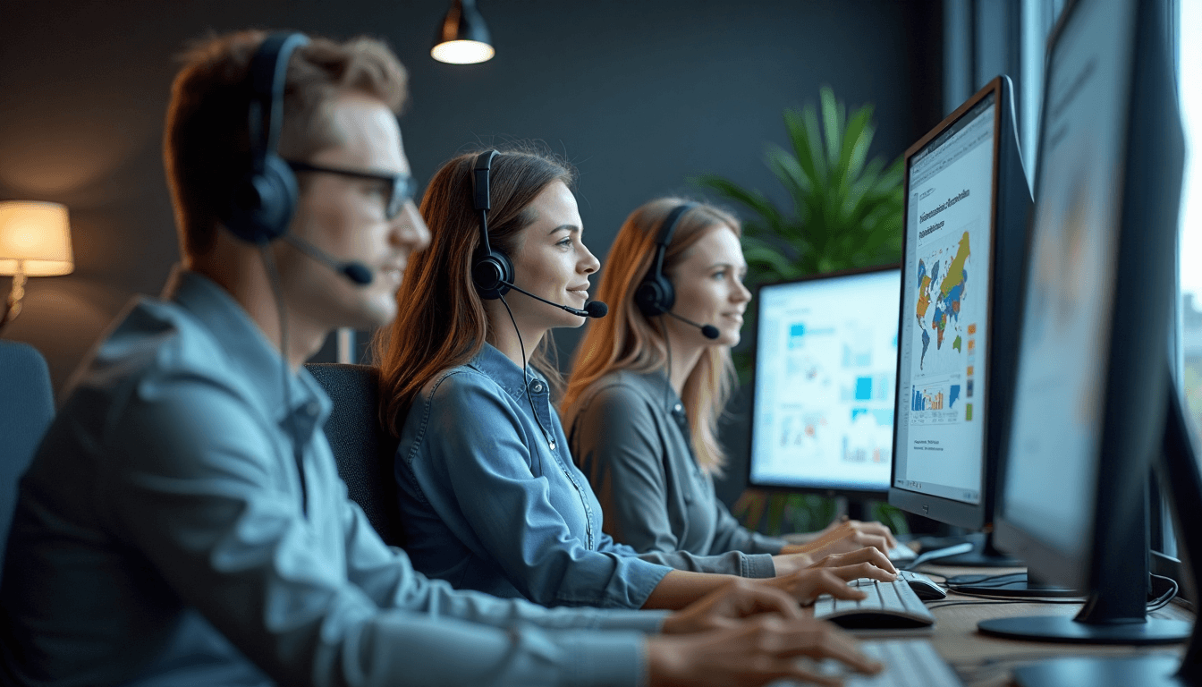 Multilingual call center team using AI with market expansion dashboard