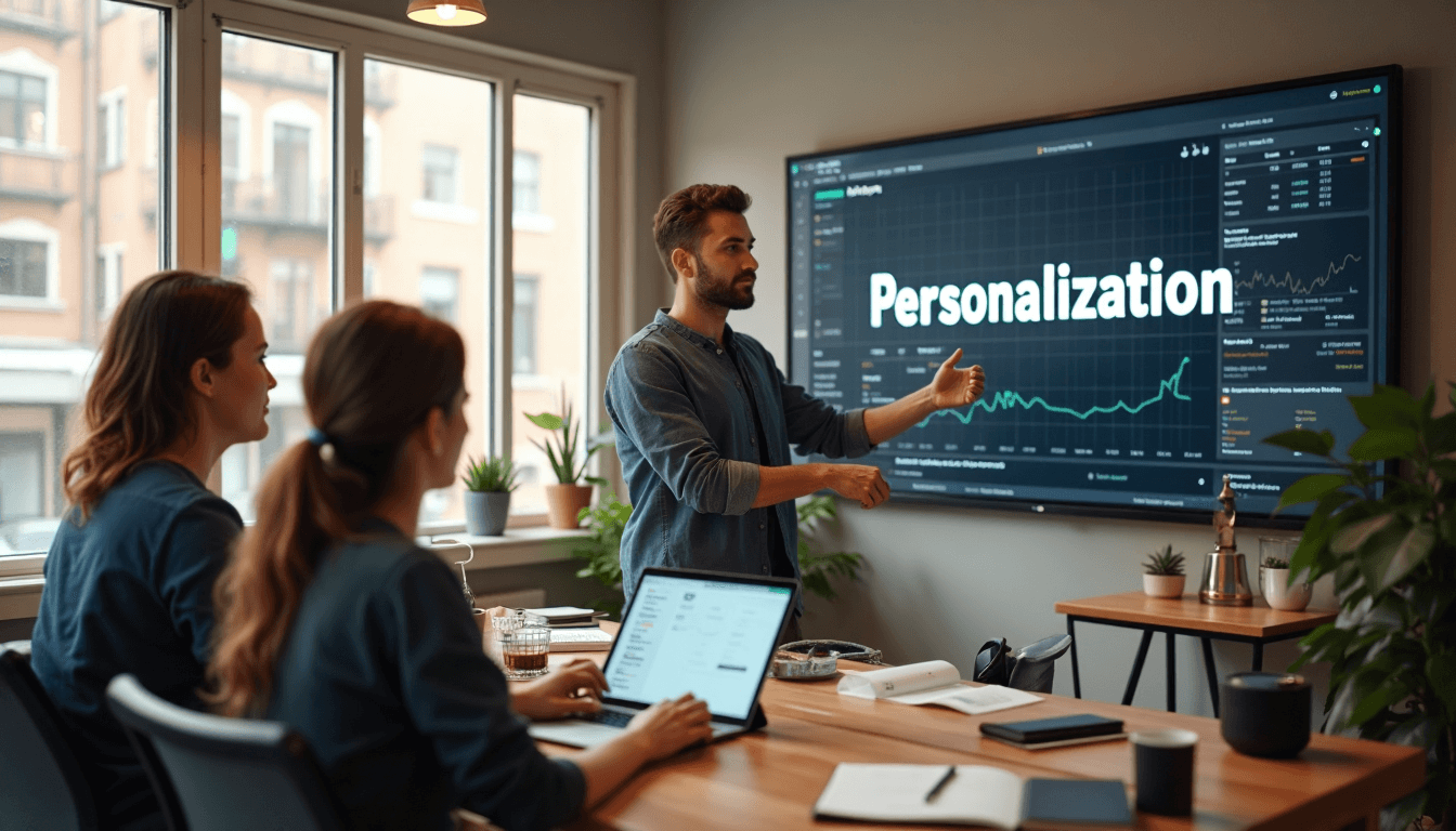 Marketers reviewing e-commerce personalization analytics on screen