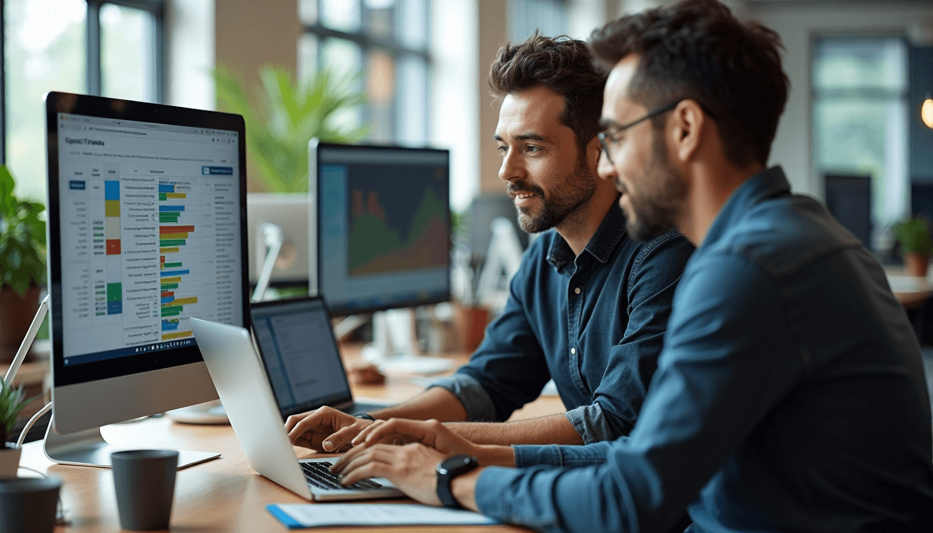 Sales and marketing team collaborating at desk with AI tools