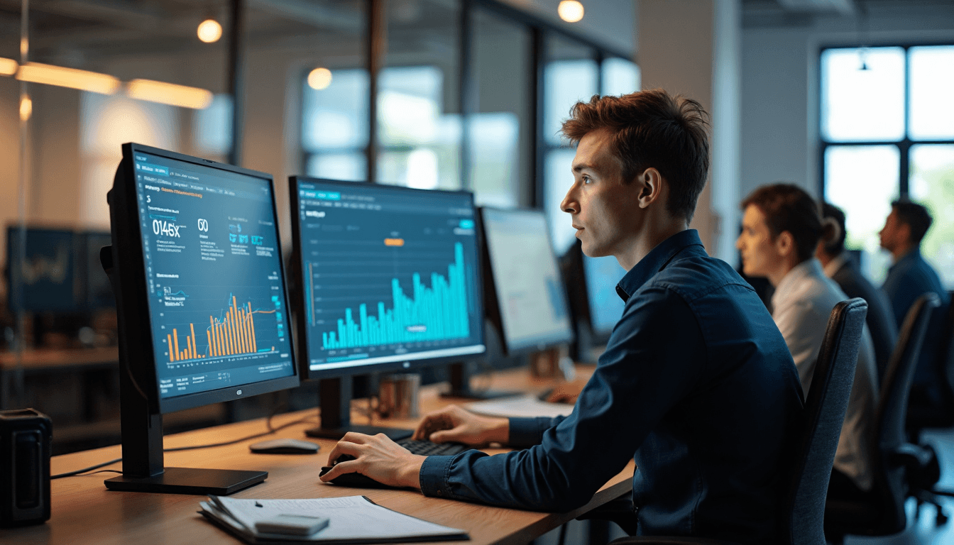 Professional reviews AI predictive analytics with team discussing results