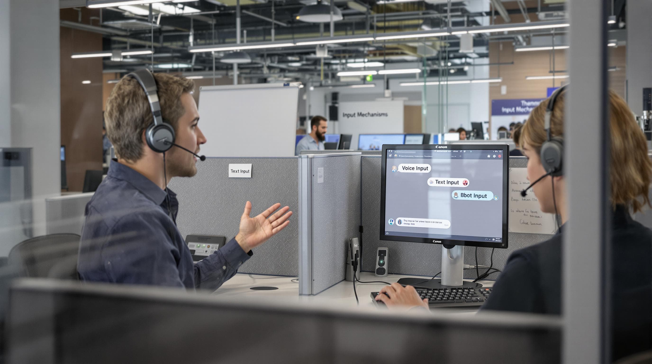 Customer support agents engaging with voice and text bot systems