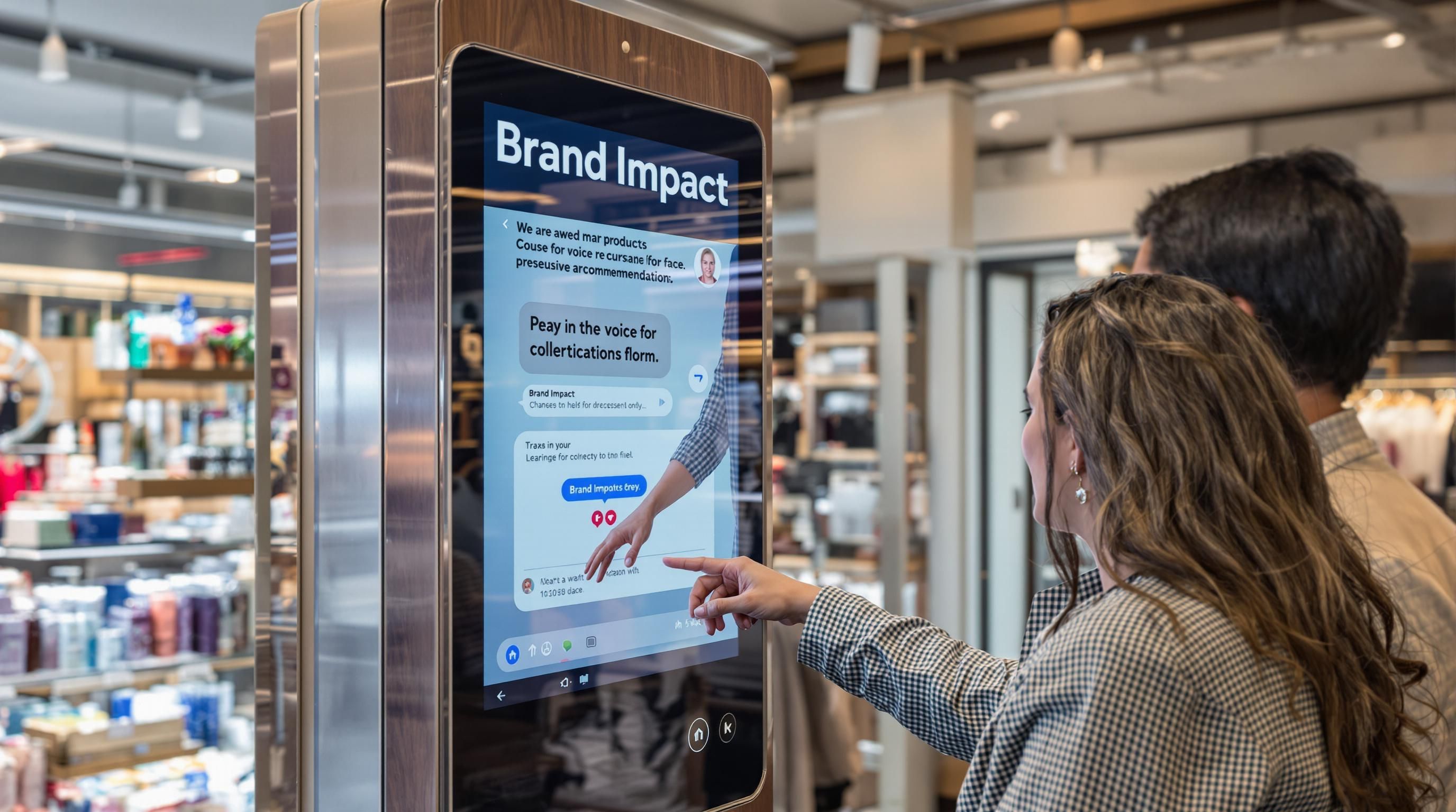 Customer uses AI voice kiosk emphasizing brand impact in retail
