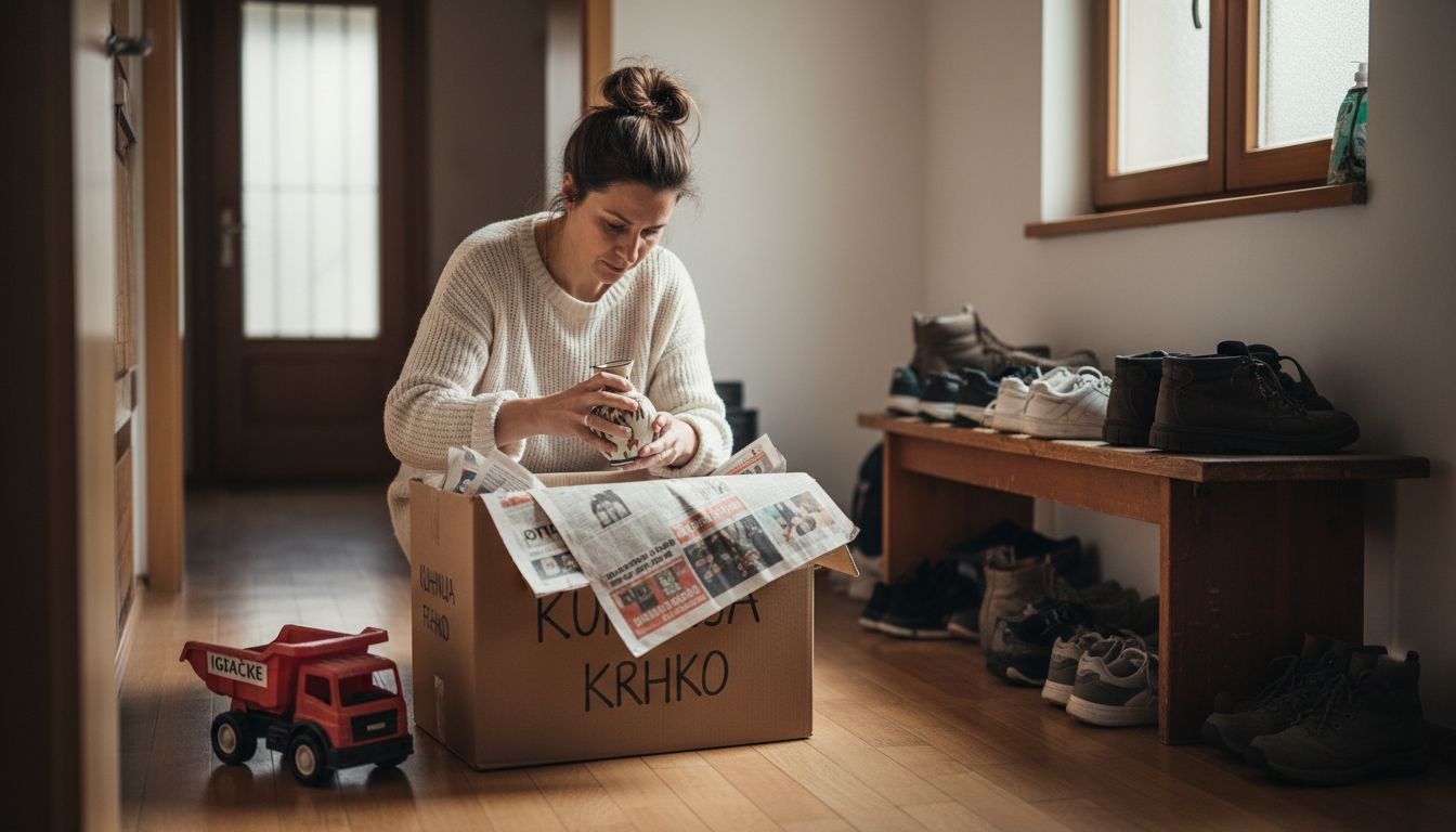 Žena sprema stvari u hodniku obiteljske kuće.