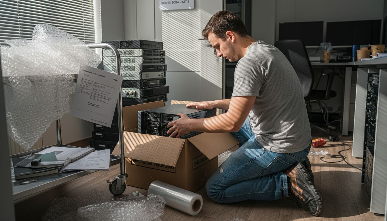 Tehničar pažljivo priprema servere za selidbu, pakira ih i osigurava da sve bude spremno za transport.