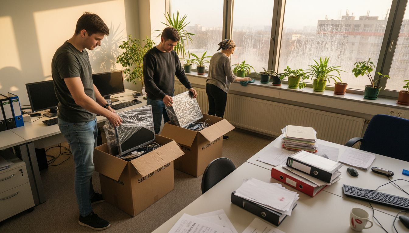 Zaposlenici u uredu spremaju stvari i pripremaju se za preseljenje.