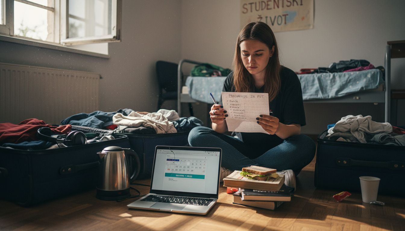 Student sjedi usred razbacane sobe u domu i prolazi kroz popis stvari koje treba spakirati.