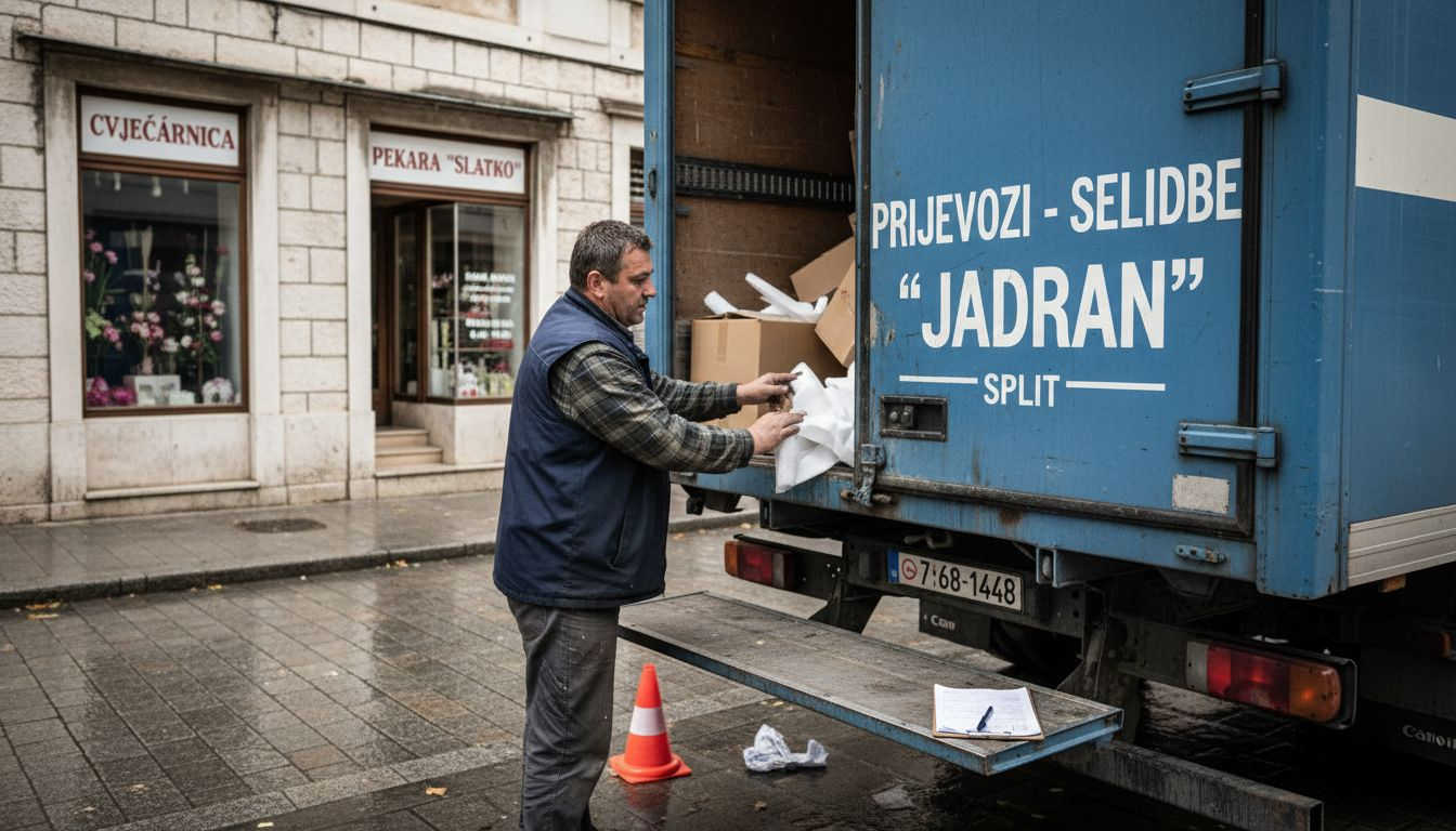 Vozač pregledava kombi za selidbu parkiran ispred zgrade.