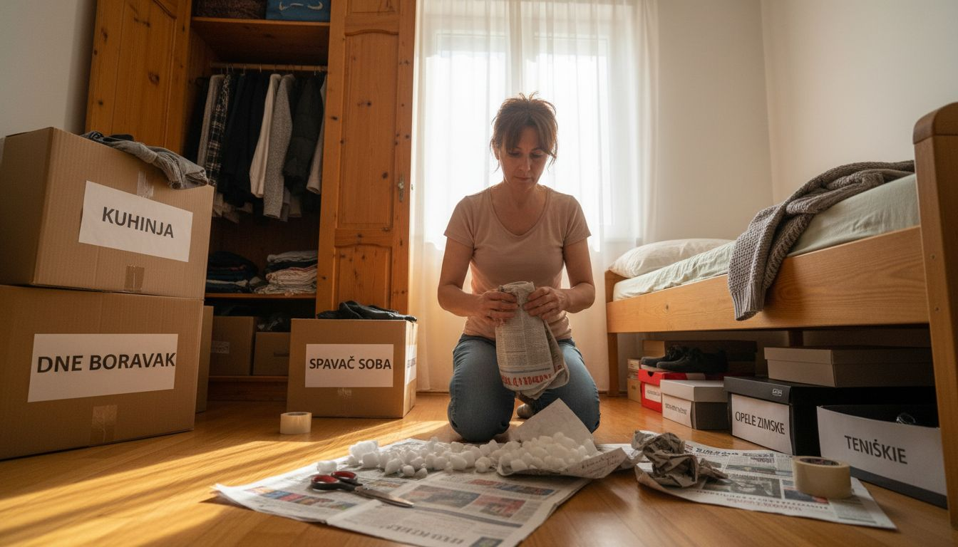 Žena pažljivo slaže kutije i zamata osjetljive predmete kako bi ih zaštitila prilikom selidbe.
