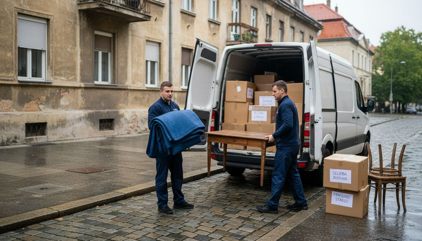 Iskusni selidbeni majstori pažljivo utovaraju namještaj u Zagrebu.