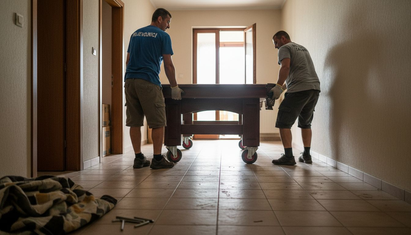 Dvojica radnika unose teški stol za biljar u kuću.