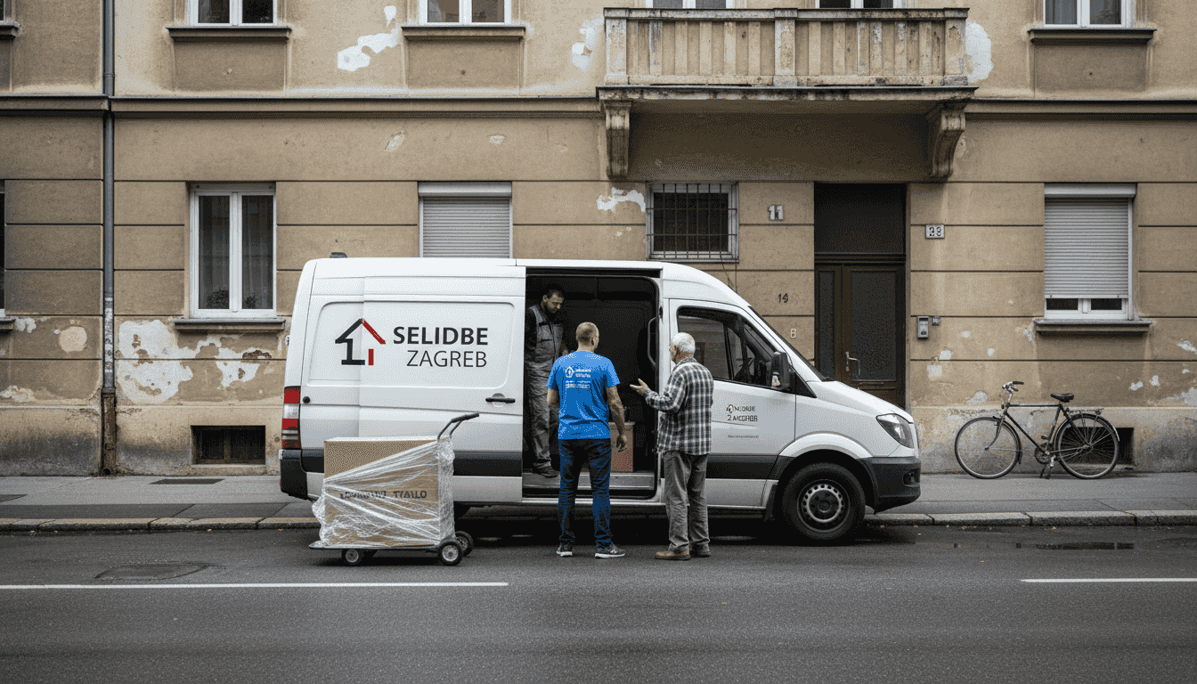 Kombi stoji parkiran ispred zgrade u Zagrebu, spreman za selidbu.