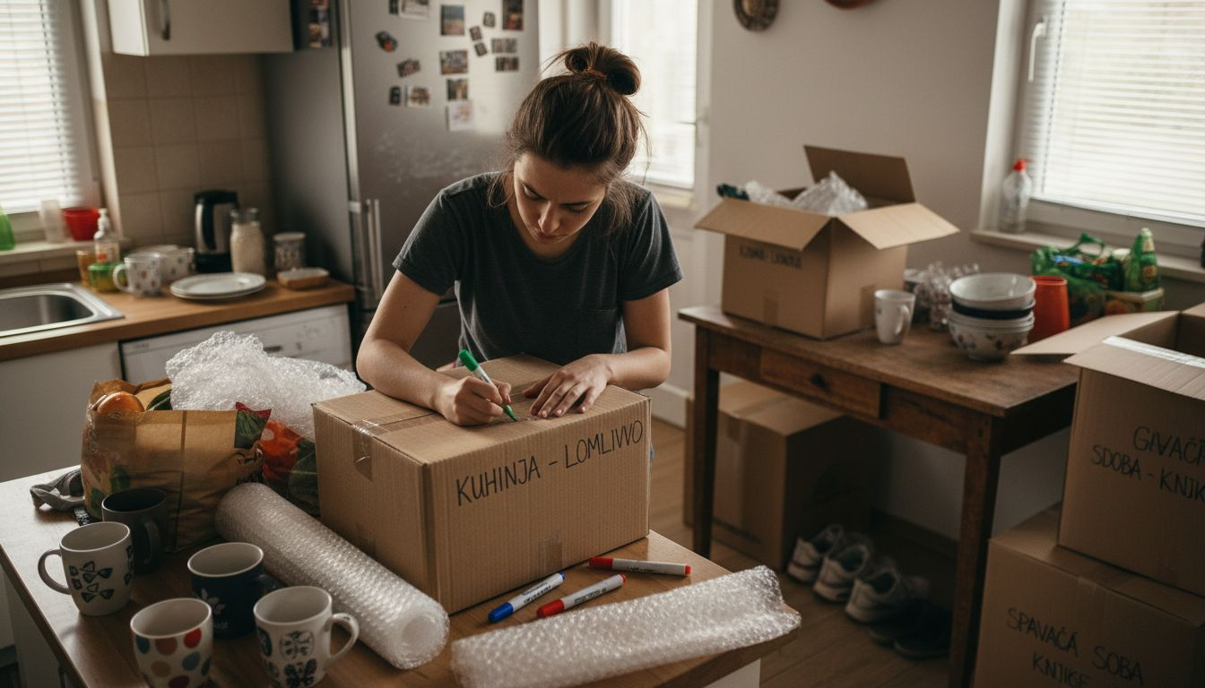 Žena u užurbanom kuhinjskom okruženju lijepi naljepnice na kutije.