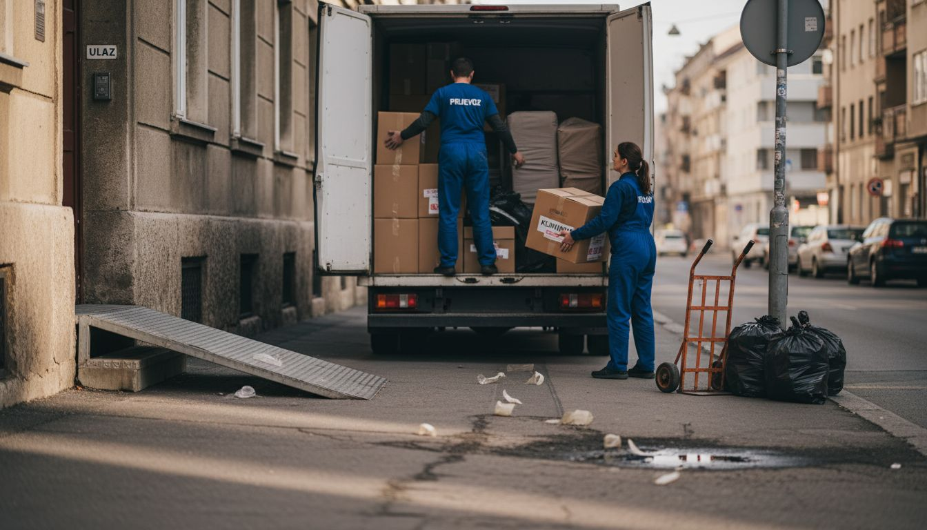 Radnici selidbe unose kutije u kombi parkiran ispred zgrade.