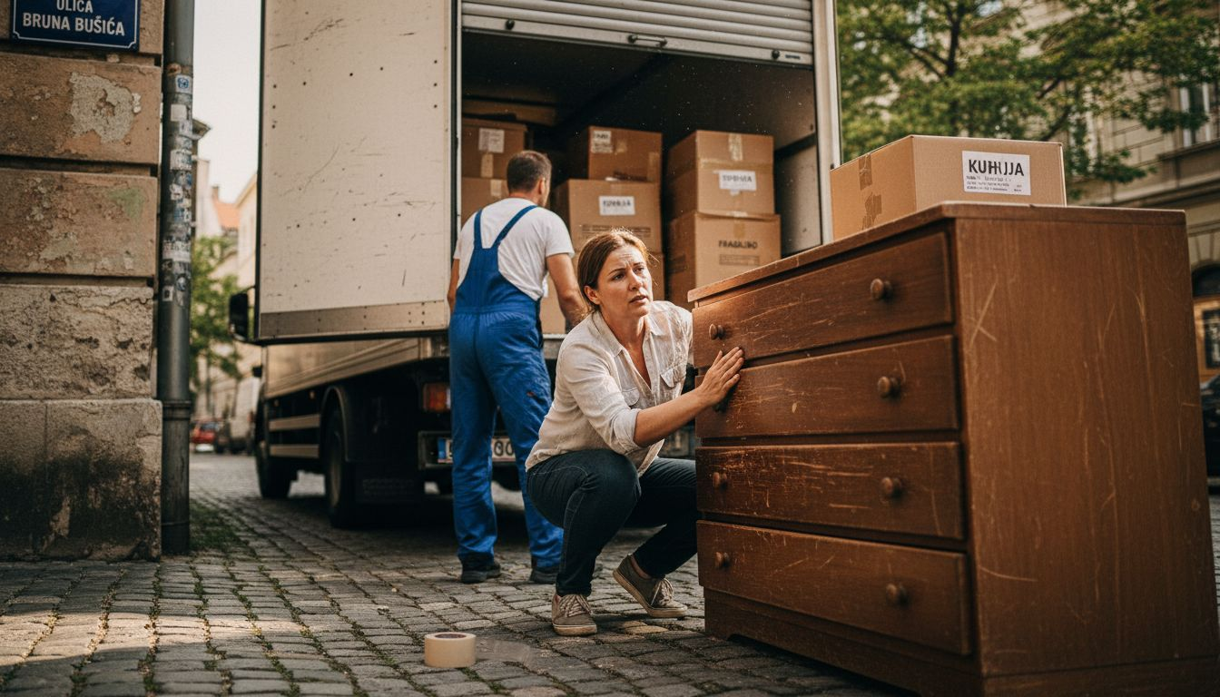 Klijent pregledava namještaj tijekom preseljenja, provjerava jesu li svi komadi stigli u dobrom stanju i je li sve uredno postavljeno.