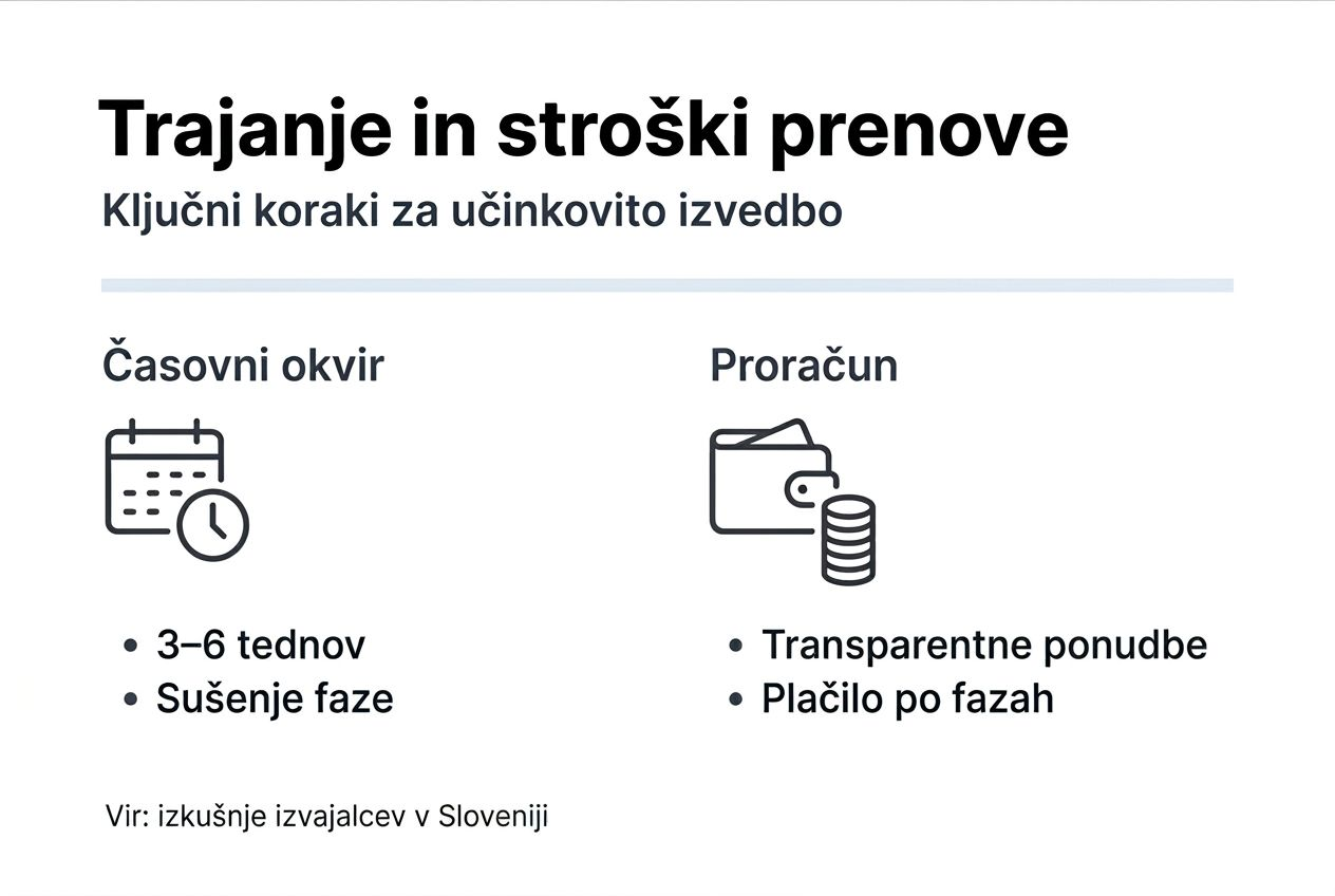 Preglednica z jasno predstavljenim časovnim potekom prenove in okvirnim stroškovnikom