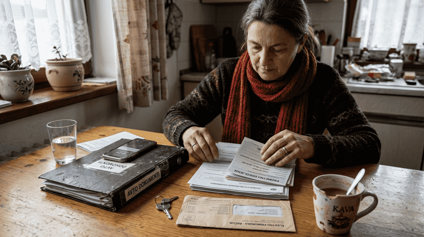 Ženska za kuhinjsko mizo ureja papirje za avto.