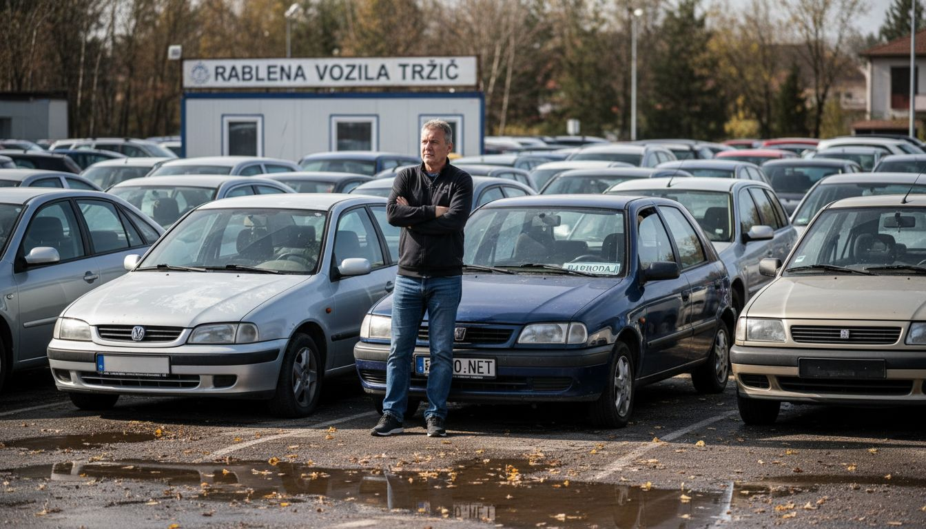 Moški čaka na avtoodpadu, da bi kupil rabljen avto.