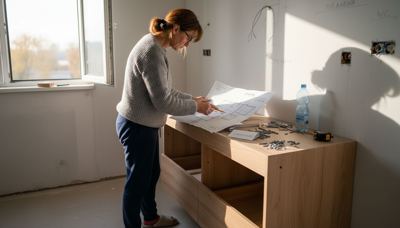 Med spomladansko prenovo kopalnice si je gospa natančno ogledovala tloris prostora, da bi bila prepričana, da bo vse tako, kot si je zamislila.