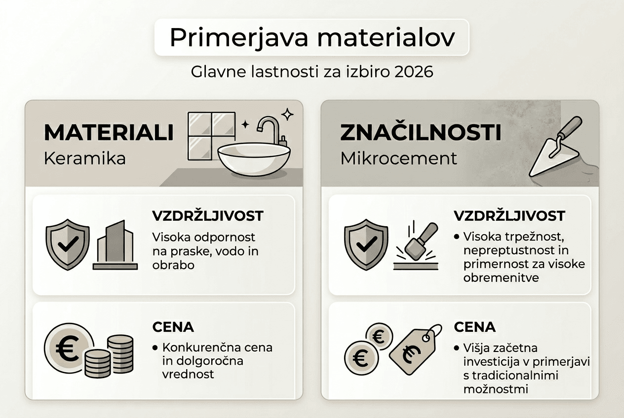 Infografika: primerjava različnih materialov za opremo kopalnice