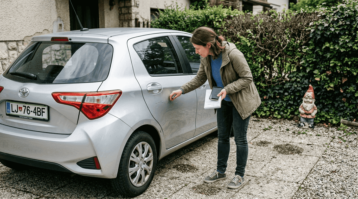 Ženska si podrobno ogleduje zunanjost rabljenega avtomobila.