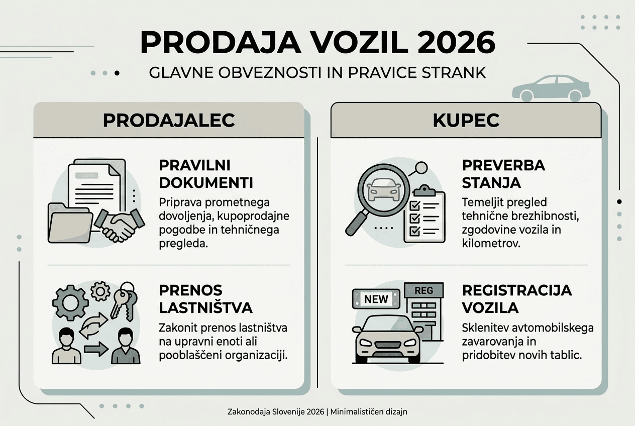 Pregledna infografika z najpomembnejšimi pravicami in obveznostmi pri prodaji avtomobila