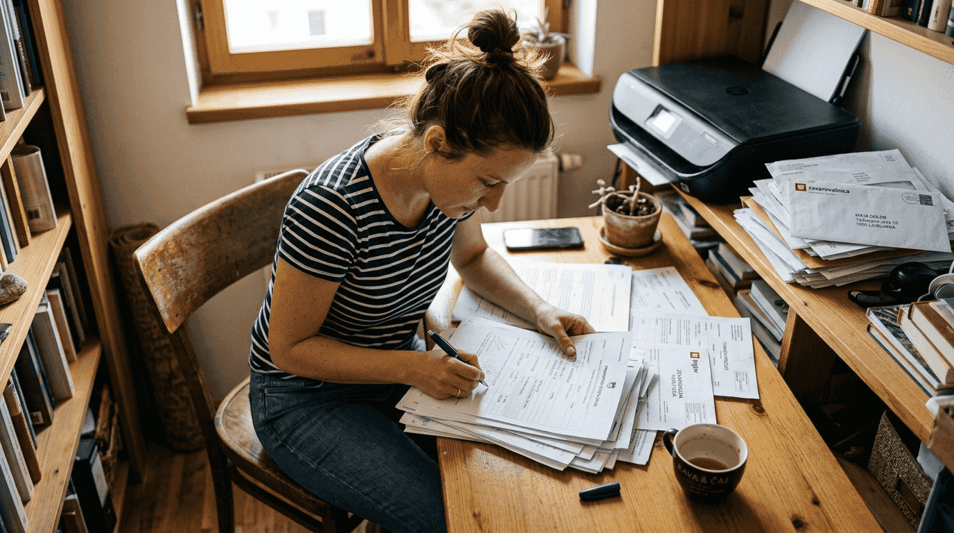 Ženska doma za kuhinjsko mizo pregleduje avtomobilske papirje.