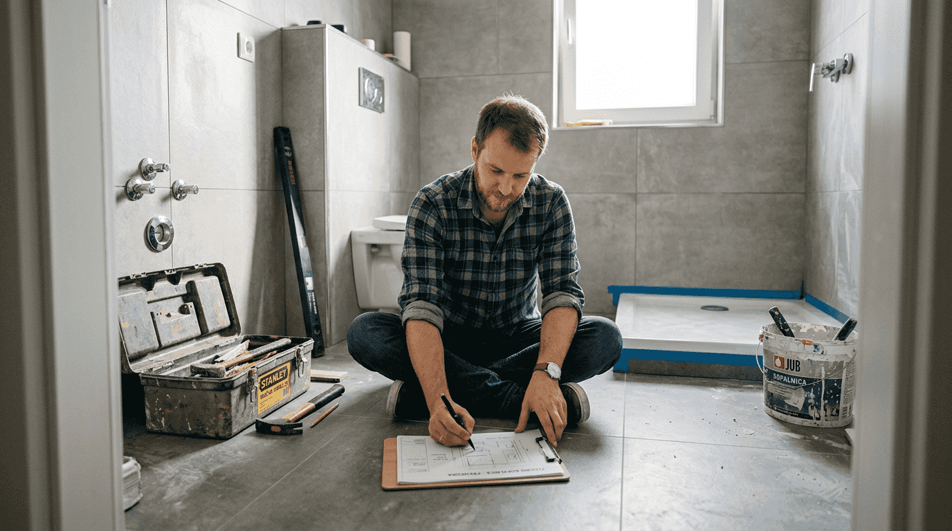 Oblikovalec načrtuje in skicira razporeditev nove kopalnice.