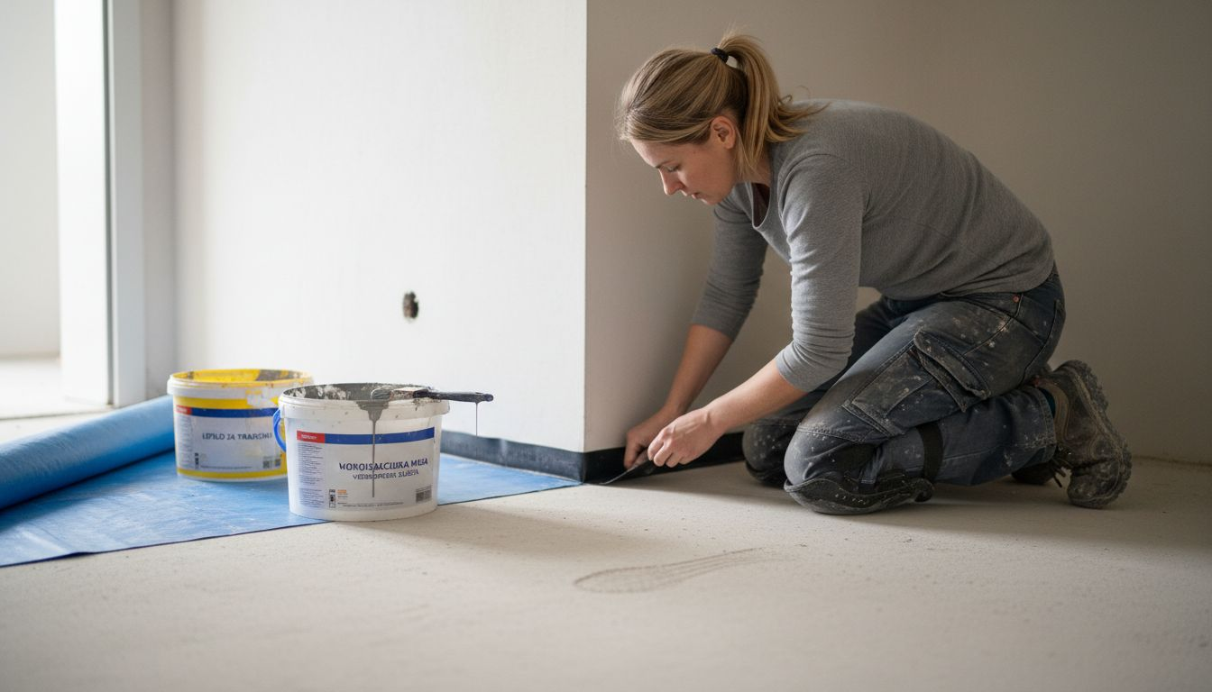 Mojster namešča hidroizolacijo v kotu kopalnice.