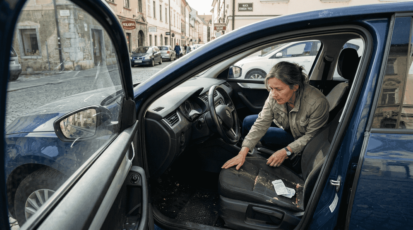 Ženska si podrobno ogleduje notranjost rabljenega avtomobila.