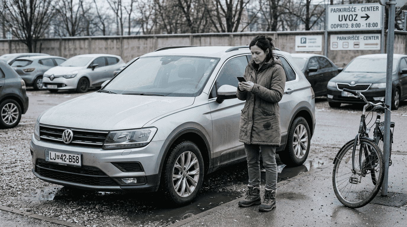 Ženska si v zimskem dopoldnevu na parkirišču podrobno ogleduje rabljeni avto.