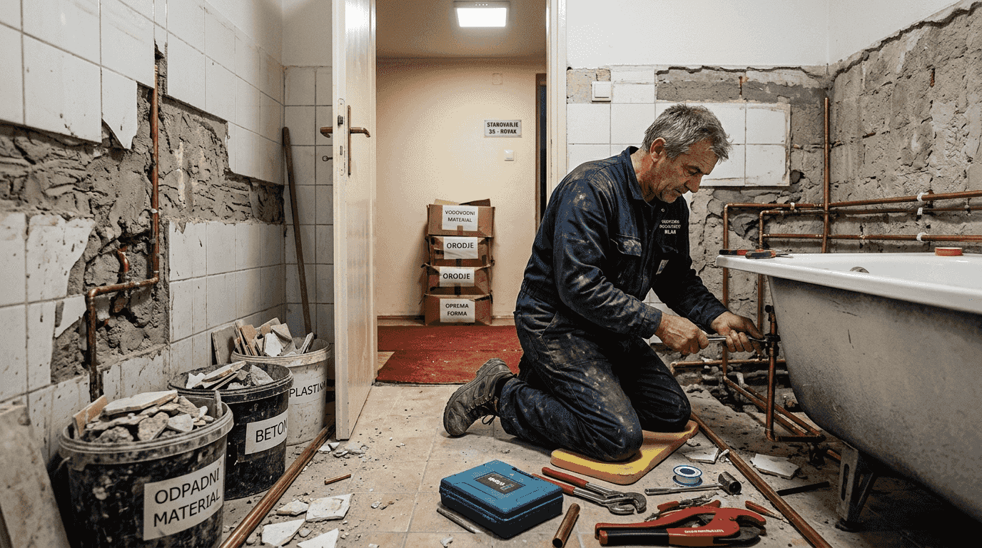 Vodovodar izvaja prenovo kopalnice v manjšem stanovanju.