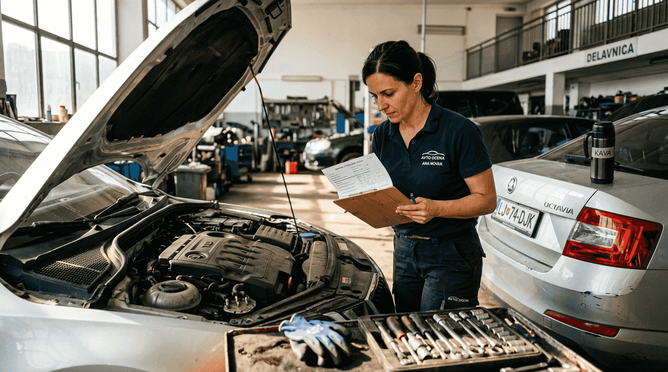 Cenilec v delavnici natančno pregleduje vozilo in preverja spremno dokumentacijo.