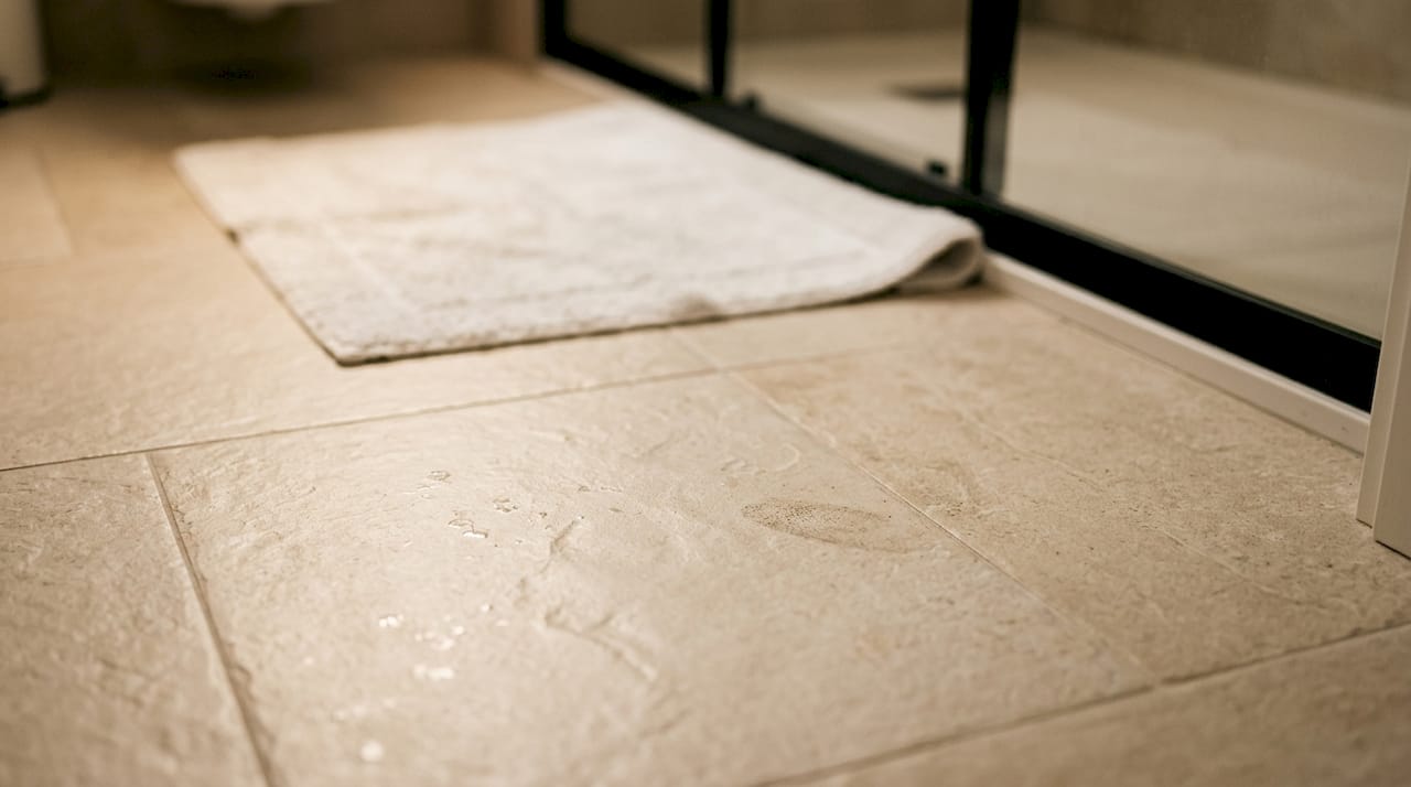 Pogled od blizu na keramične ploščice iz gres porcelana v kopalnici