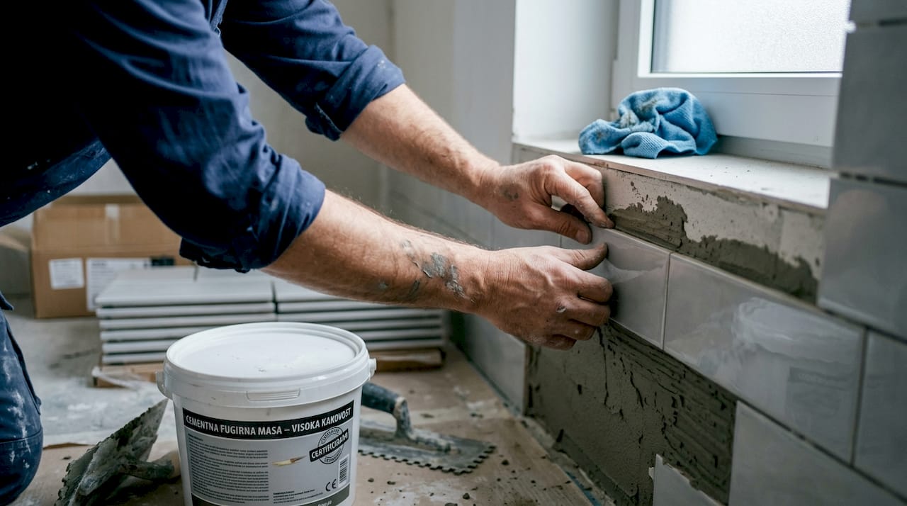 Roke skrbno polagajo kakovostne ploščice v kopalnici.