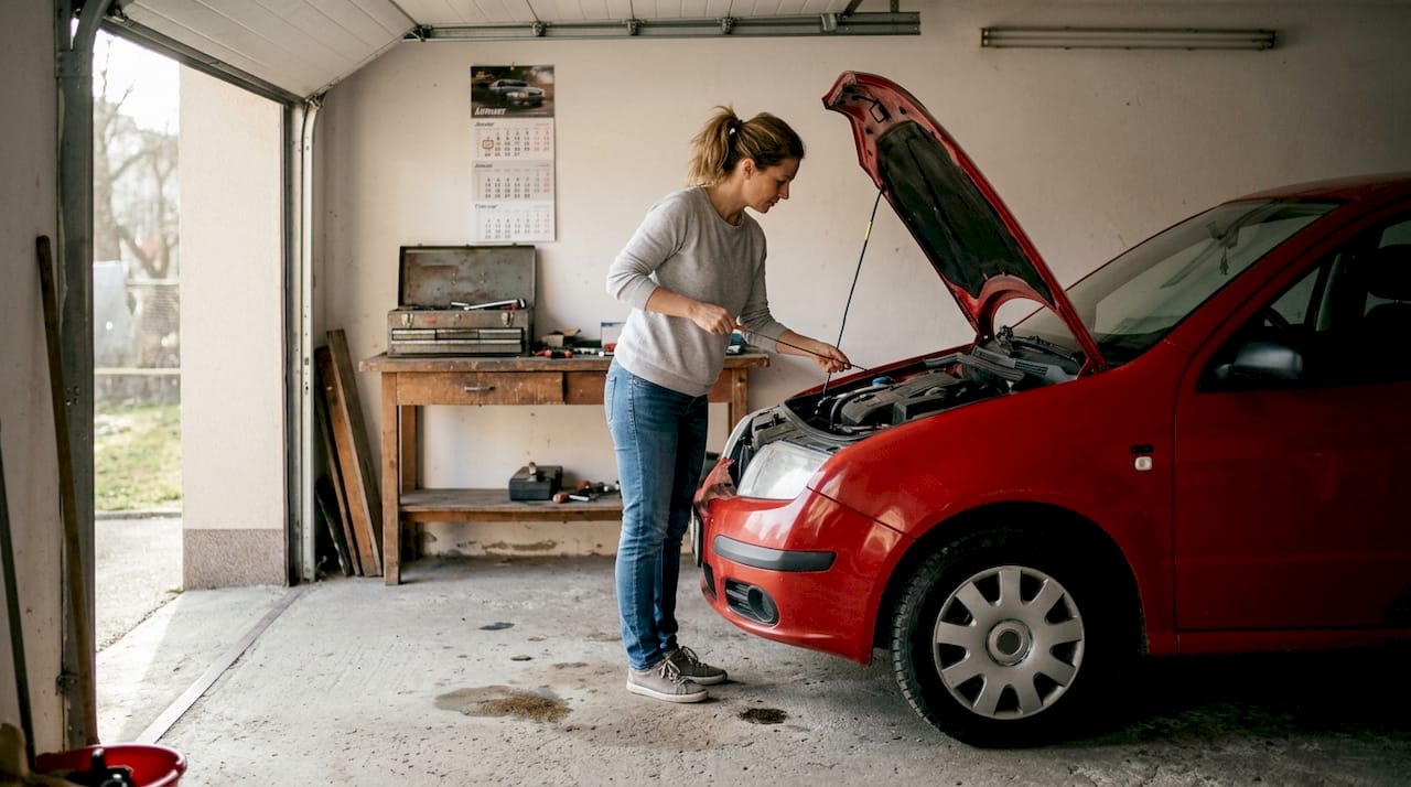 Preden proda avto, ženska v garaži preveri nivo olja.