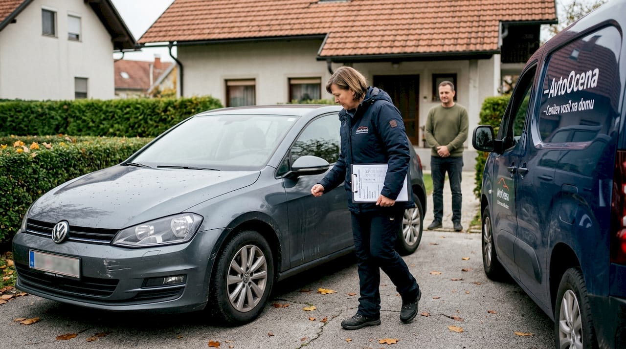 Strokovnjak za ocenjevanje vozil si na dovozu natančno ogleduje avto.
