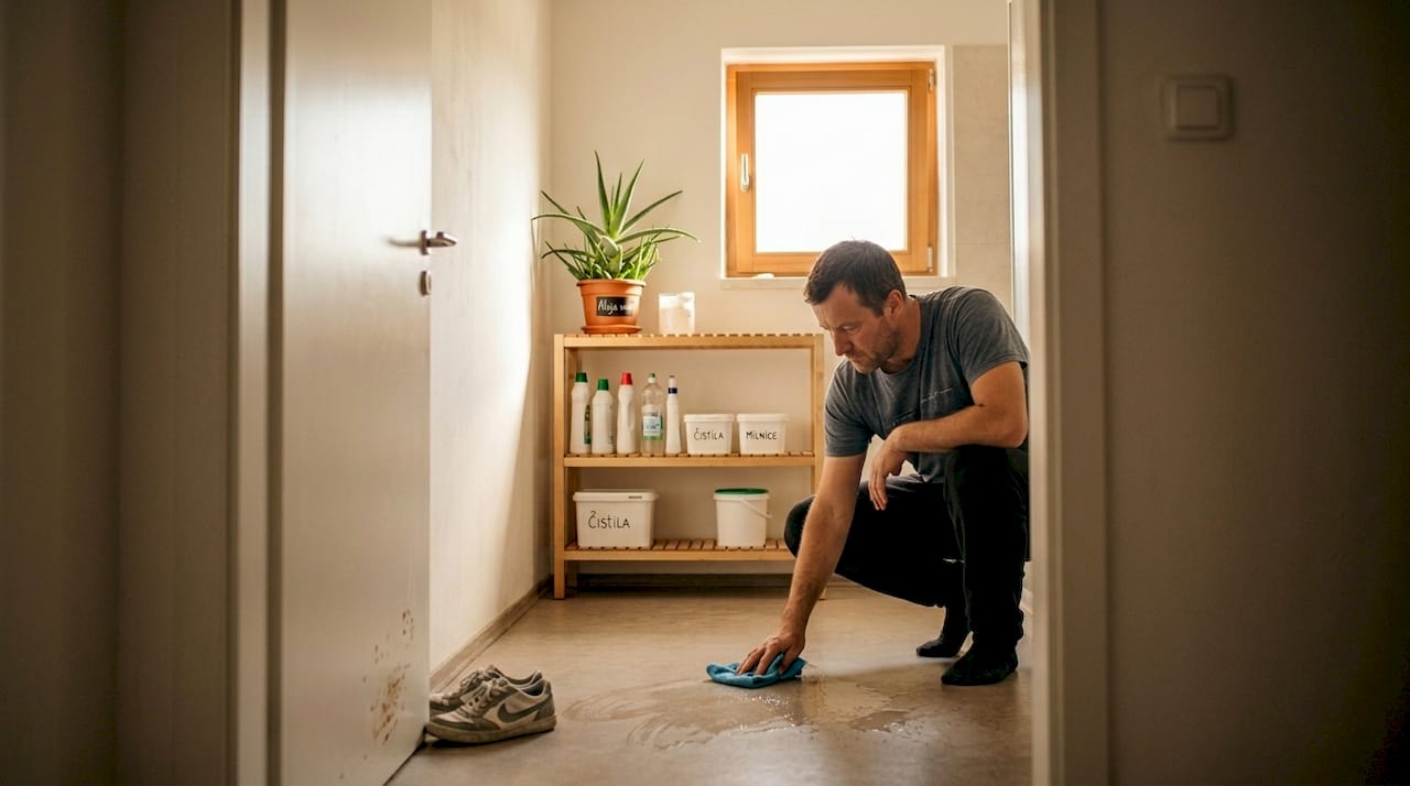 Moški čisti talne obloge iz vinila v kopalnici.