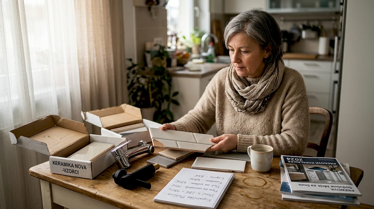 Lastnik stanovanja izbira vzorce materialov za prenovo kopalnice.