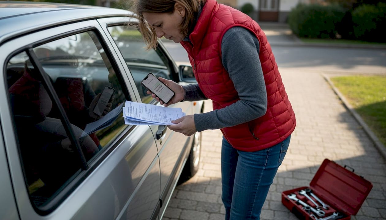 Ženska preverja številko VIN na parkiranem avtomobilu.