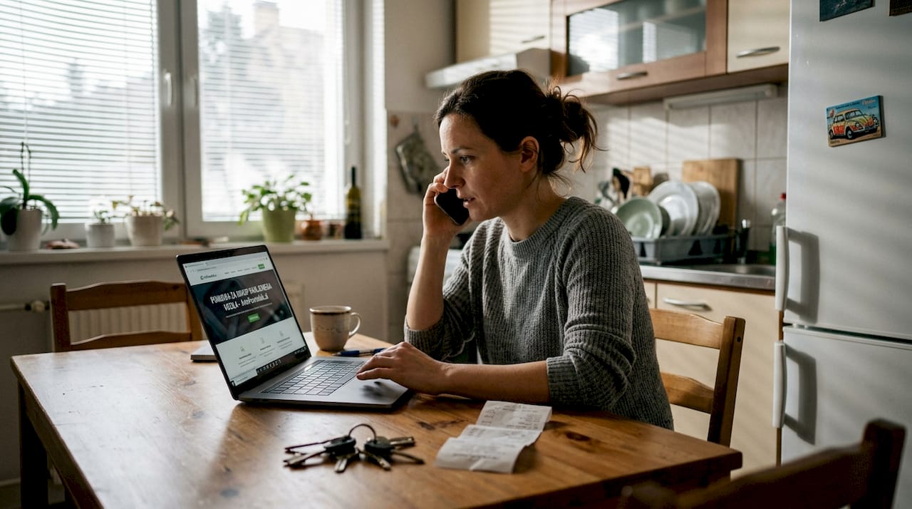 Ženska si doma ogleduje ponudbo za odkup avtomobila.
