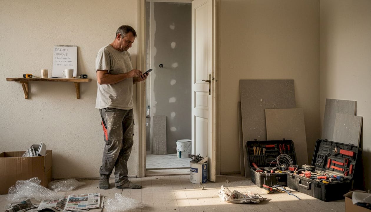 Lastnik hiše potrpežljivo čaka pred kopalnico, kjer poteka prenova.