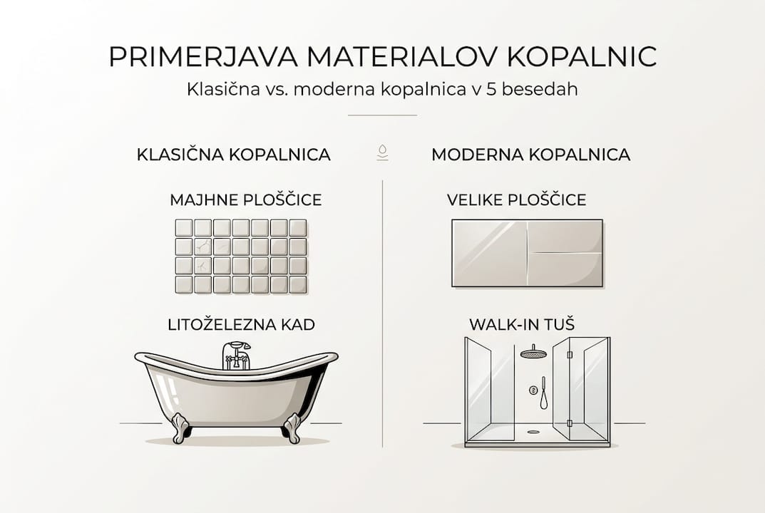 Pregled materialov za tradicionalne in sodobne kopalnice v slikovni obliki