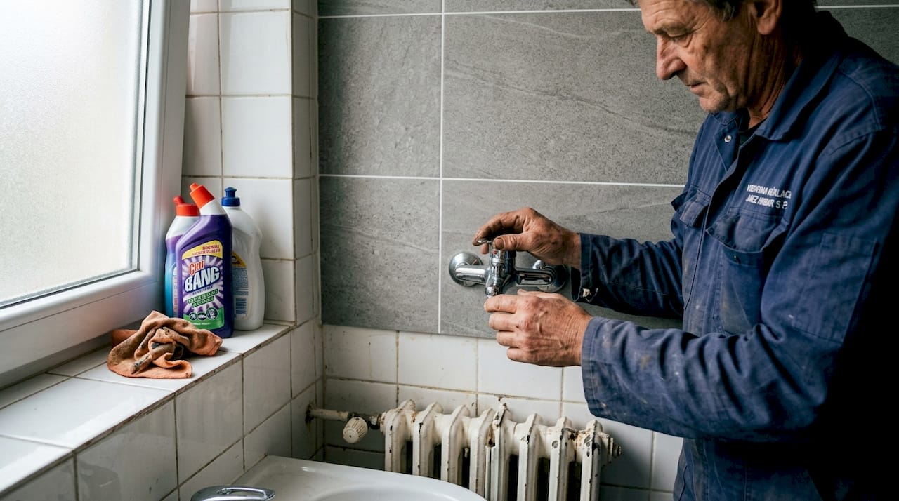 Vodovodar pregleda kopalniško armaturo in ploščice.