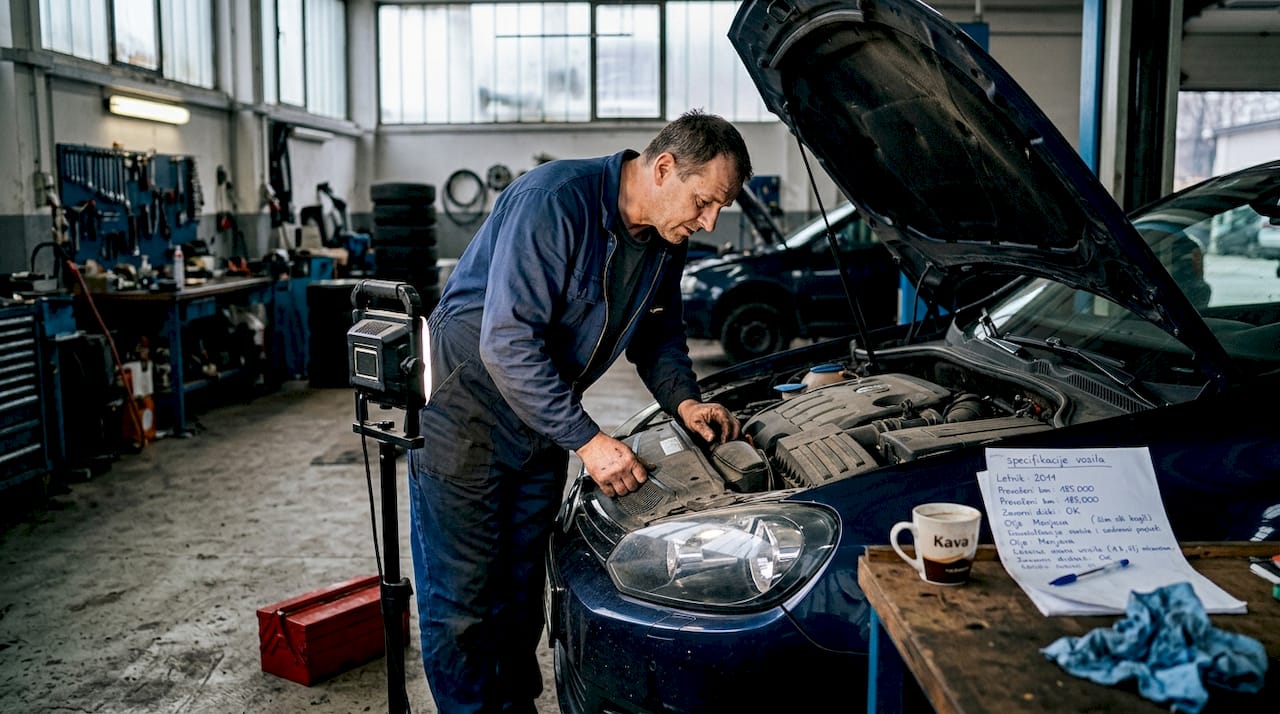 Mehanik pregleduje vozilo pred prodajo v delavnici
