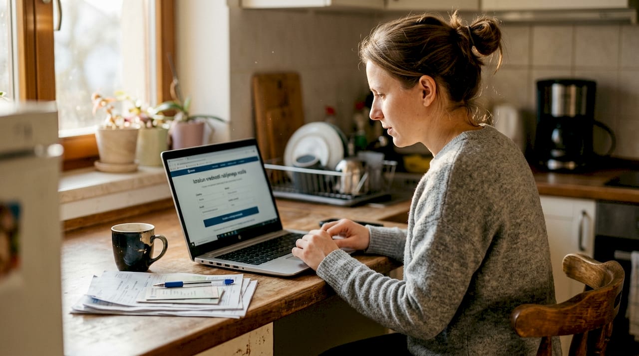 Ženska na prenosniku preverja vrednost svojega avtomobila s pomočjo spletnega kalkulatorja.