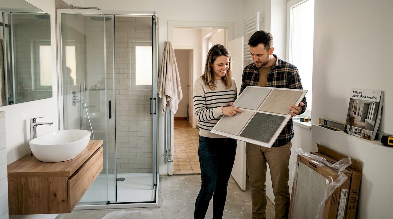 Par se odloča za velike keramične ploščice za kopalnico