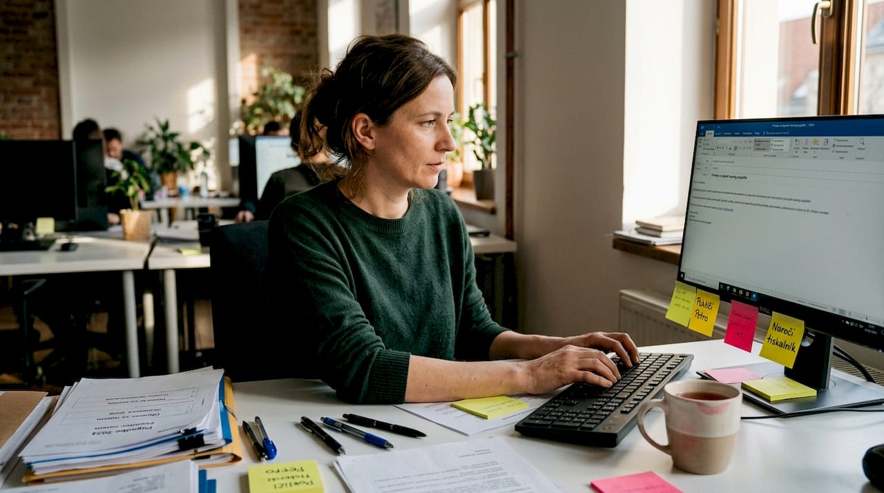 Gospa v pisarni prosi za izpis leasinga.