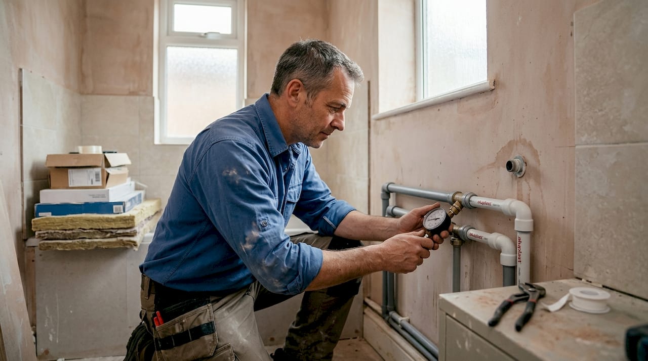 Vodovodar preverja, ali so spoji na kopalniških ceveh pravilno nameščeni in ne puščajo.