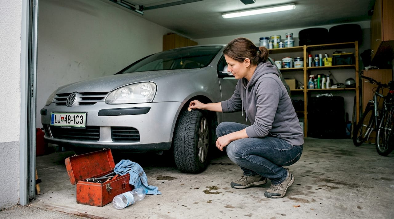 Ženska si v domači garaži podrobno ogleduje rabljeni avto.
